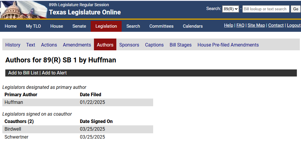 Authors window Displays authors of selected bill