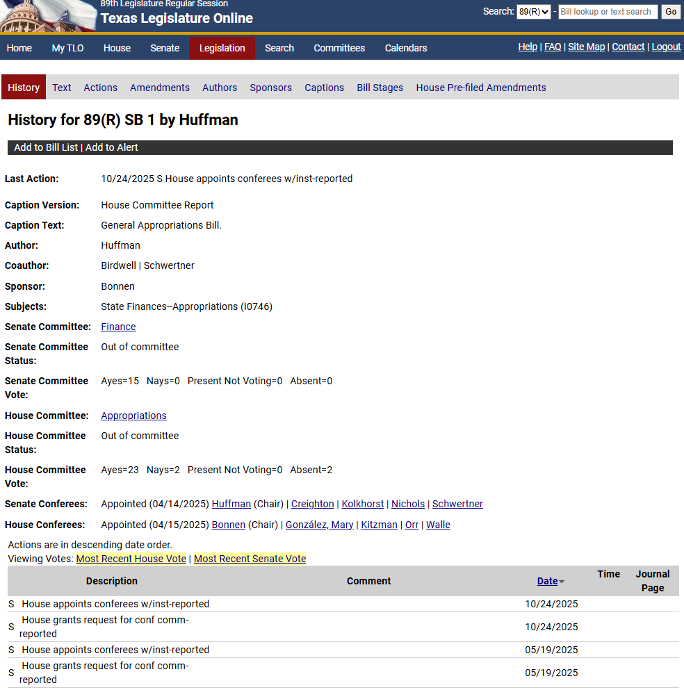 Bill history Window Displays search results for a bill's history