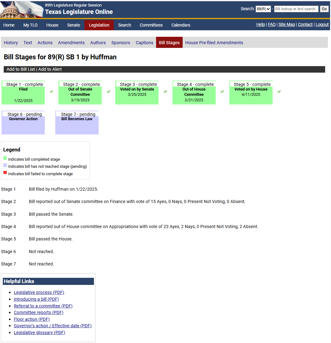 Bill stages window Displays the stages of the bill
