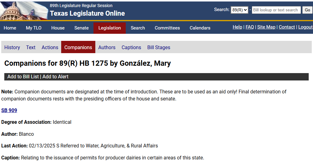 Companions window Displays companion bill information