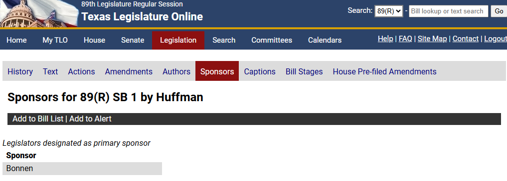 Sponsors window Displays sponsors of the selected bill