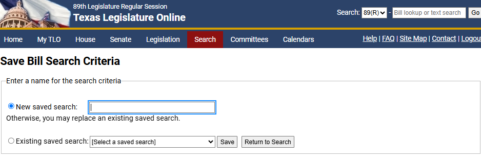 Displays options for saving your bill search