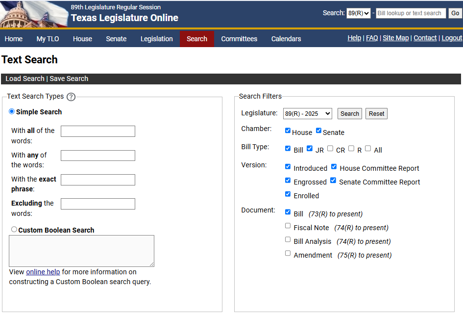 Displays options to use for a text search